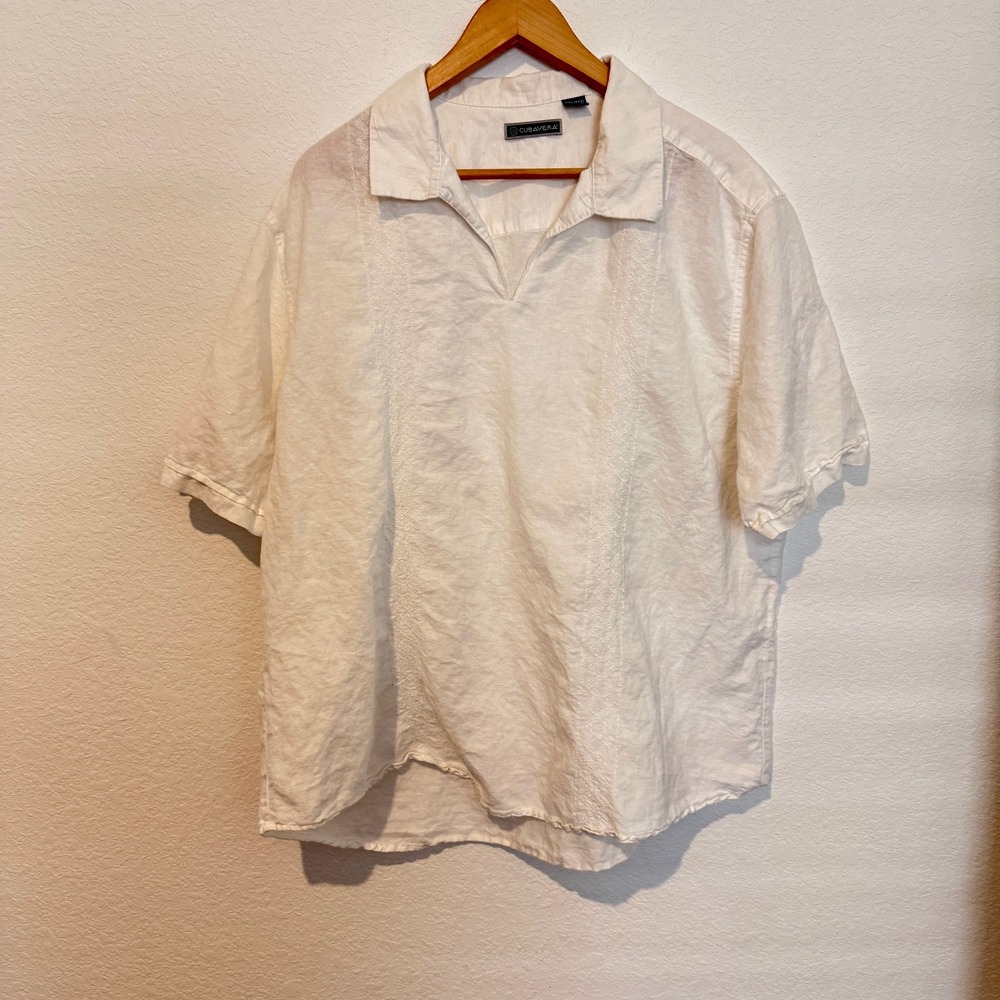 Cubavera Men's Linen Blend Guayabera Popover Shirt White Embroidered XXL Casual